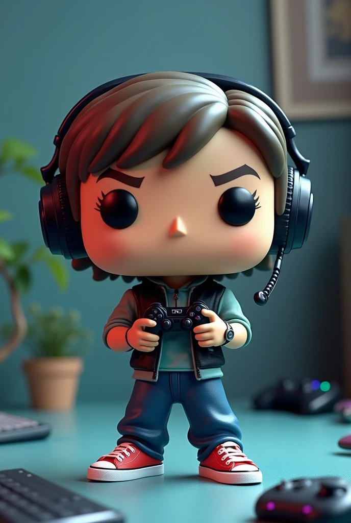 Funko pop of a gamer person with gamer accessories