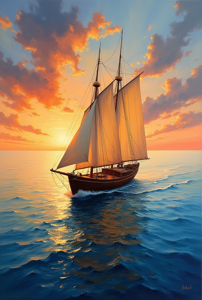 Acrylic painting of a sailing boat in the sea at sunset