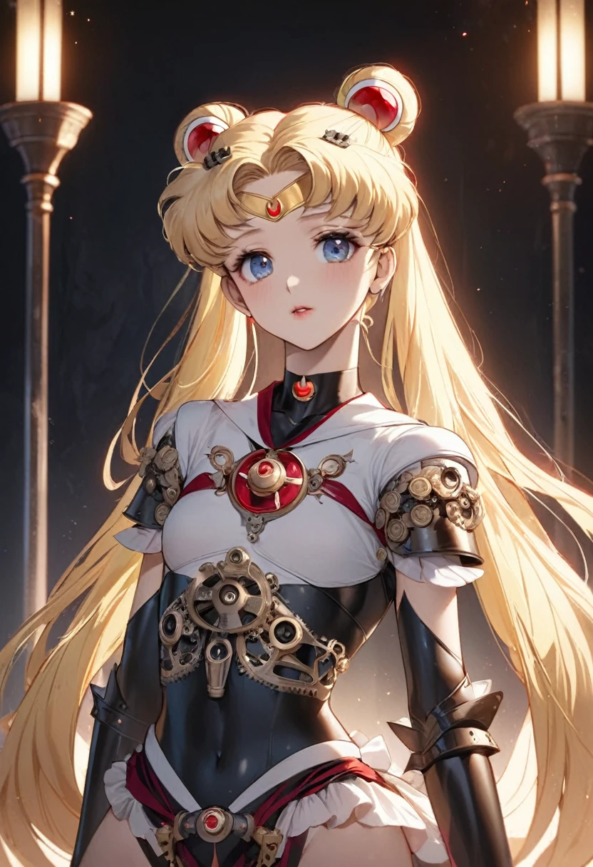 ((best quality)), ((masterpiece)), (detailed), 1girl, Sailor Moon (big forhead:1.2),extremely detailed cute anime face, (((flat chest))), (flat chest:1.1),((((blonde hair)))),intricate eyes,beautiful detailed eyes,symmetrical eyes,(((detailed face))),beautiful detailed lips, dynamic pose, looking at this, resolved, resolute, highres,(best quality),(ultra detailed,extremely detailed),perfect face details, ((masterpiece:1.4, best quality))+, (ultra detailed)+, slim body, skinny, prominent collarbones, skinny arms, flat stomach, visible hip bones, long hair, blonde hair, white hair, blonde hair, perfect face, Detailed body，Full limbs, perfect face, a beaituful goddess valkyrie enshrined in armour, grand in scale and intricacy, occult aesthetic, occult, detailed and intricate steampunk and detailed gothic, Very dramatic and cinematic lighting, cosmic horror, grim dark, Red and white with a sense of technology, side-lighting, NSFW, Depicting female characters from ethereal anime in a high-quality anime art style, gothic lolita, full body, whole body, body