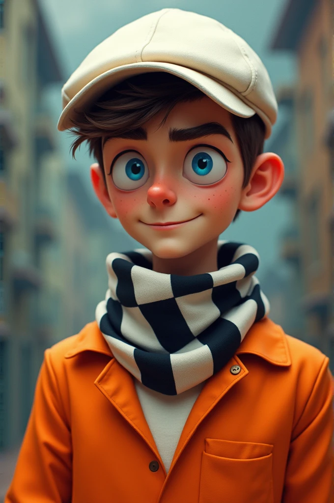 A male character with a white cap, blue eyes, a black checkered scarf, and an orange animated prisoner shirt 

