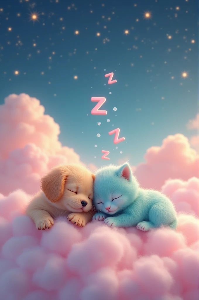 "A very cute puppy and a cute turquoise kitten, sleeping peacefully, with 'Z' letters floating upward from the kitten's head, lying on soft pink clouds, with a sky full of ling stars in ultra-realistic 4K images