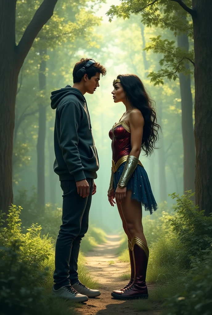 Young man with hoodie, headphones and tennis Vs. Wonder woman (), Fight, power, fiction, full body, 2 person, Romance, forest