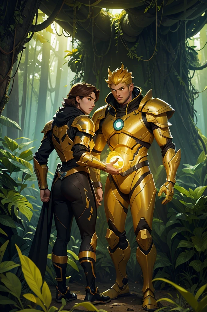 ultra-fine digital painting of a shape-shifting entity that adapts to the environments of a jungle planet with cyberpunkai flora levitating with yellow crystals, super detaill, Ultra-realism, volumetric lighting. inside this forest Create a Caucasian style man, Caucasian woman skin, long brown hair , average size, beautiful face detailed focused, black eyes, Youngh, stark, closed, perfectbody,. uma imagem no estilo dos Knights of the Zodiac(Knights of the Zodiac) make the male armor completely yellow, with some dark details. yellow and black knee-high armor style boot.a modern and cyberpunk look. It's coming out of the mouth of a high tech city. cyber punk, Steampunk, Splatterpunk