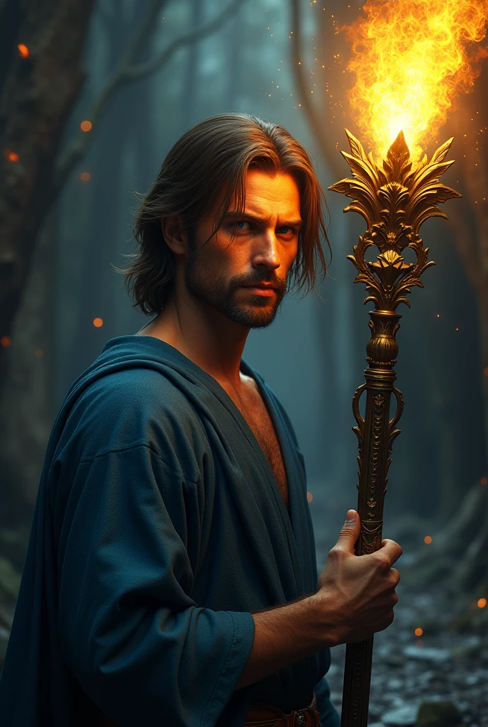Hellish scene, ultra detailed, hyper realistic, man, normal human, blue tunic, holding intricate staff, yellow magic, serious look, shoulder length brown hair, facing me, close
