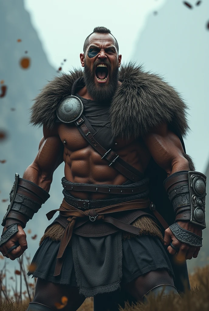   Realistic Viking warrior screaming with teeth bared with a Norse tattoo around his eye and with his eyes open 