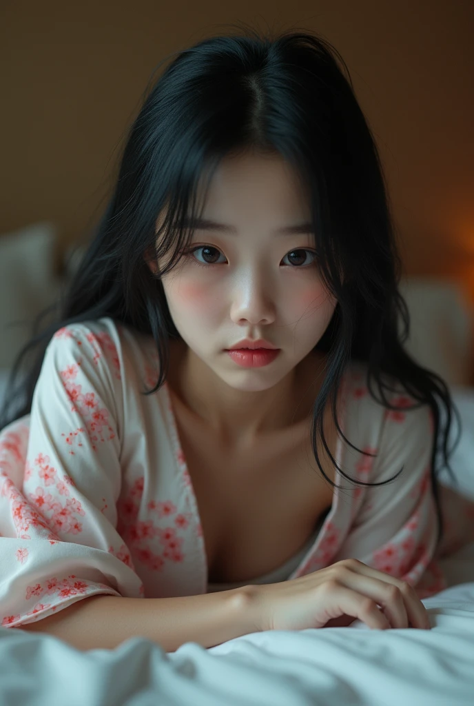 A realistic Japanese woman with long black hair in a yukata, looking at me from a low angle, cute, slightly open and showing her nipples, nervous and blushing during her first time having sex, wearing a cherry blossom yukata on the bed