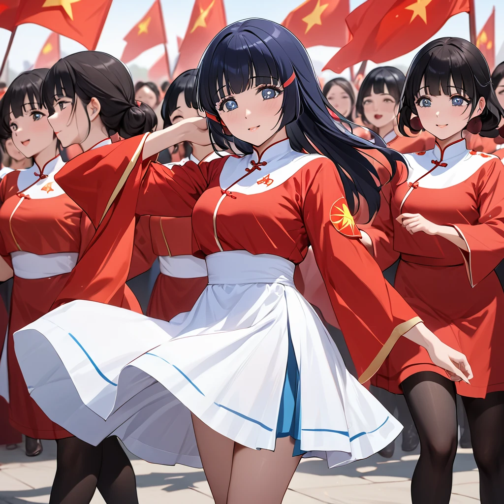 ((Highest quality)), ((masterpiece)), (detailed), (Perfect Face)、The woman is Aoki Reika, has medium-long hair and is a member of the Chinese Communist Party.、A woman wears a Chinese Communist Party folk dance costume and performs Chinese folk dance for China with female members at a Communist Party rally.