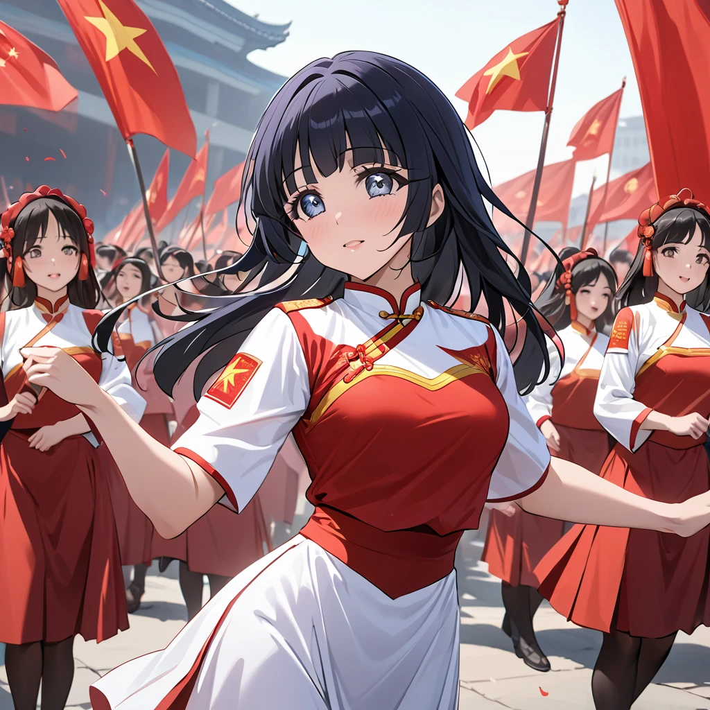 ((Highest quality)), ((masterpiece)), (detailed), (Perfect Face)、The woman is Aoki Reika, has medium-long hair and is a member of the Chinese Communist Party.、A woman wears a Chinese Communist Party folk dance costume and performs Chinese folk dance for China with female members at a Communist Party rally.