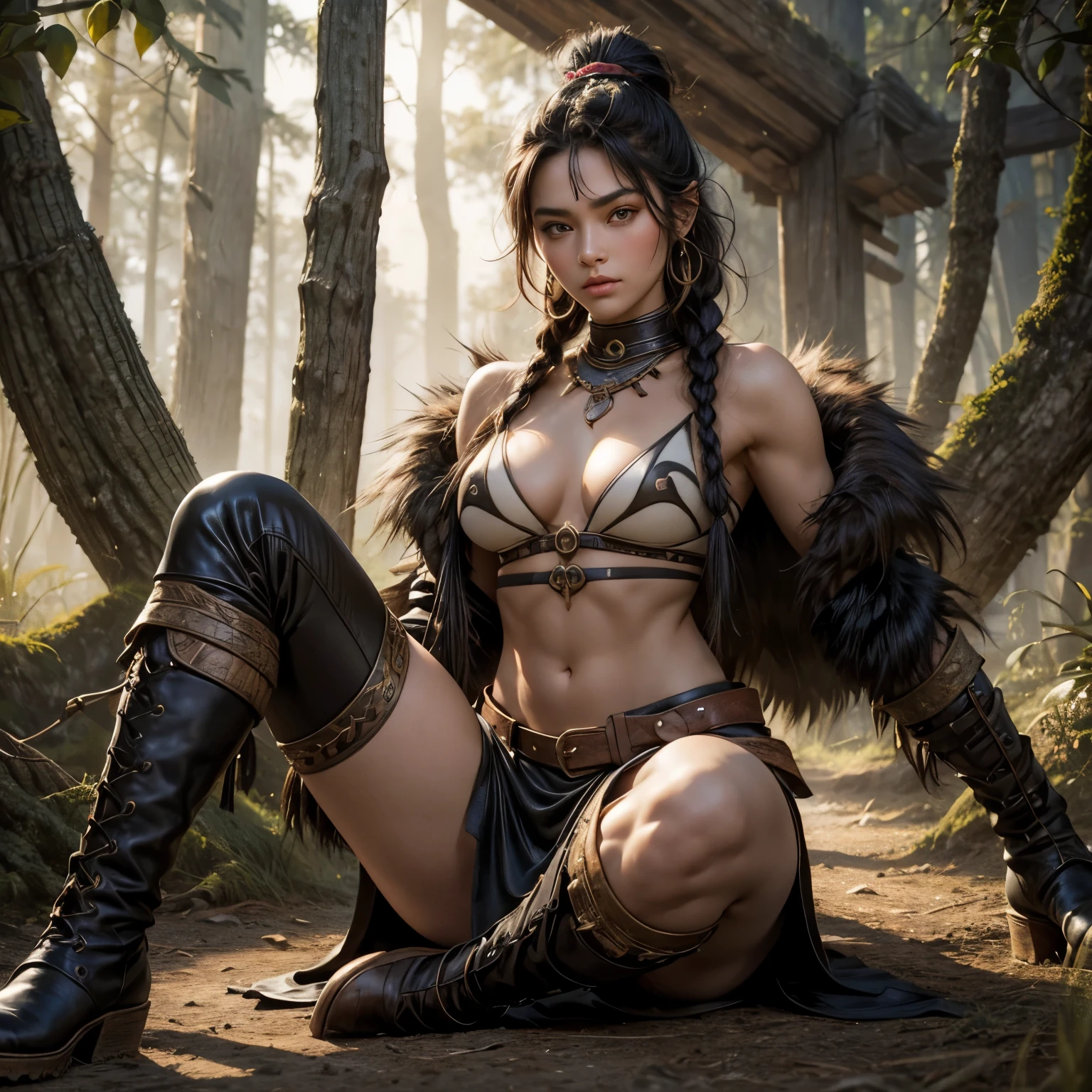 Style: "Prehistoric fantasy setting with a focus on authentic primitive clothing and accessories, reflecting the materials and craftsmanship of early human cultures."
(Steppe warrior Maya is a beautiful prehistoric woman of the Mongoloid race.)
Face: Rounded, with soft features. Almond-shaped brown eyes, short and straight nose. Lips of medium thickness, natural pink color. The hair is black, straight, long, braided into one thick braid. The skin is light olive.
Body: Medium height, slender and flexible, slightly muscular figure. The breasts are small, the stomach is tight, the hips are round, the legs are strong and flexible.
Tattoo: A primitive pattern of wavy lines running from the right collarbone to the middle of the chest. Three black dots near the outer corner of the left eye.
Clothing:
Material: Thick leather and thick fur, worn, dark color.
Top: Leather, with fur trim, dark gray, leaves the shoulders and stomach exposed.
Pants: Short, made of leather, with fur on the edges, close to the hips, to the middle of the thighs.
Boots: High, made of leather, with thick fur that wraps around the legs up to the knees.