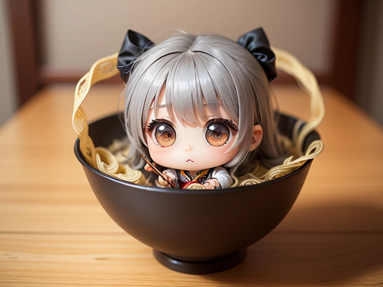 masterpiece、top-quality、Ultra-detail、(Chibi Chara's Daughter:1.2)、solo、//((Gray thin noodles:1.2)These go into Japanese-style vessels))、Holding this vessel、Holding chopsticks in hand、sitting in the chair