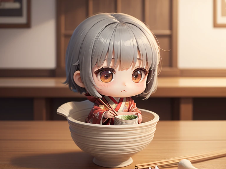 masterpiece、top-quality、Ultra-detail、(Chibi Chara's Daughter:1.2)、solo、//((Gray thin noodles:1.2)These go into Japanese-style vessels))、Holding this vessel、Holding chopsticks in hand、sitting in the chair