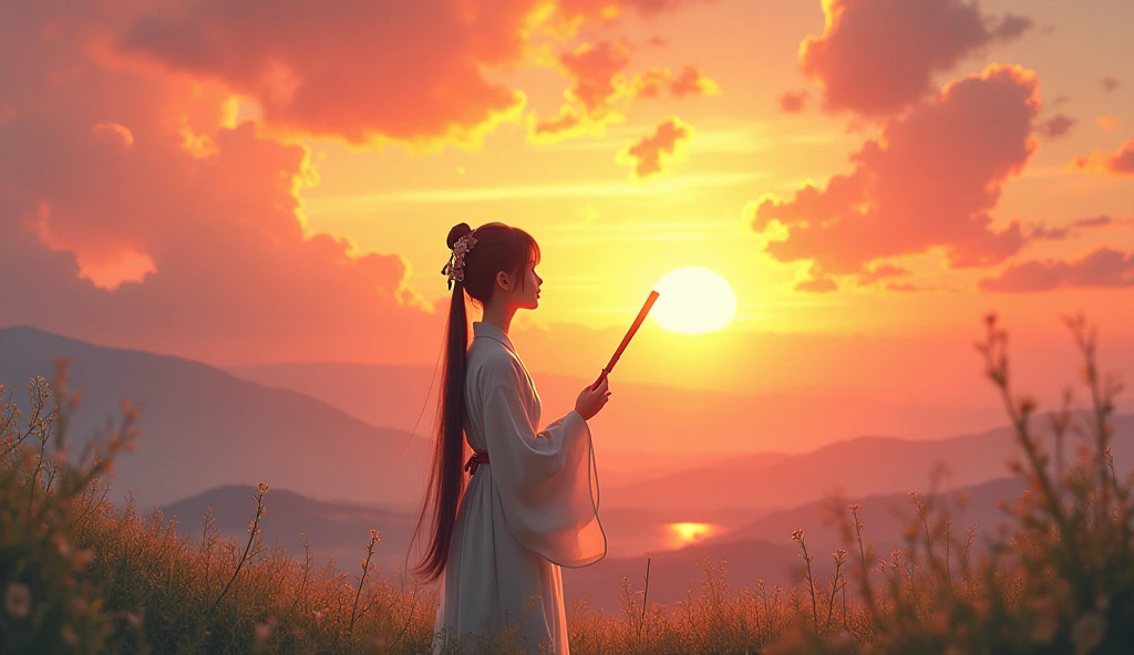 An asian girl looks into a sunrise, in her hansld she holds a Bamboo flute
