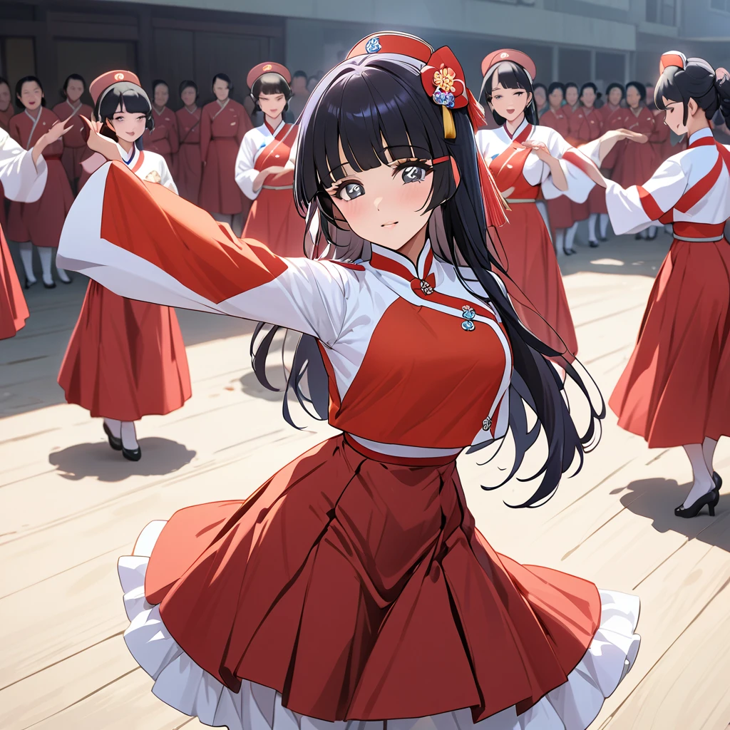 ((Highest quality)), ((masterpiece)), (detailed), （Perfect Face）、The woman is Reika Aoki with semi-long hair、The woman is a member of the North Korean Pleasure Squad and is dressed in North Korean national costume and performing a dance for the general.