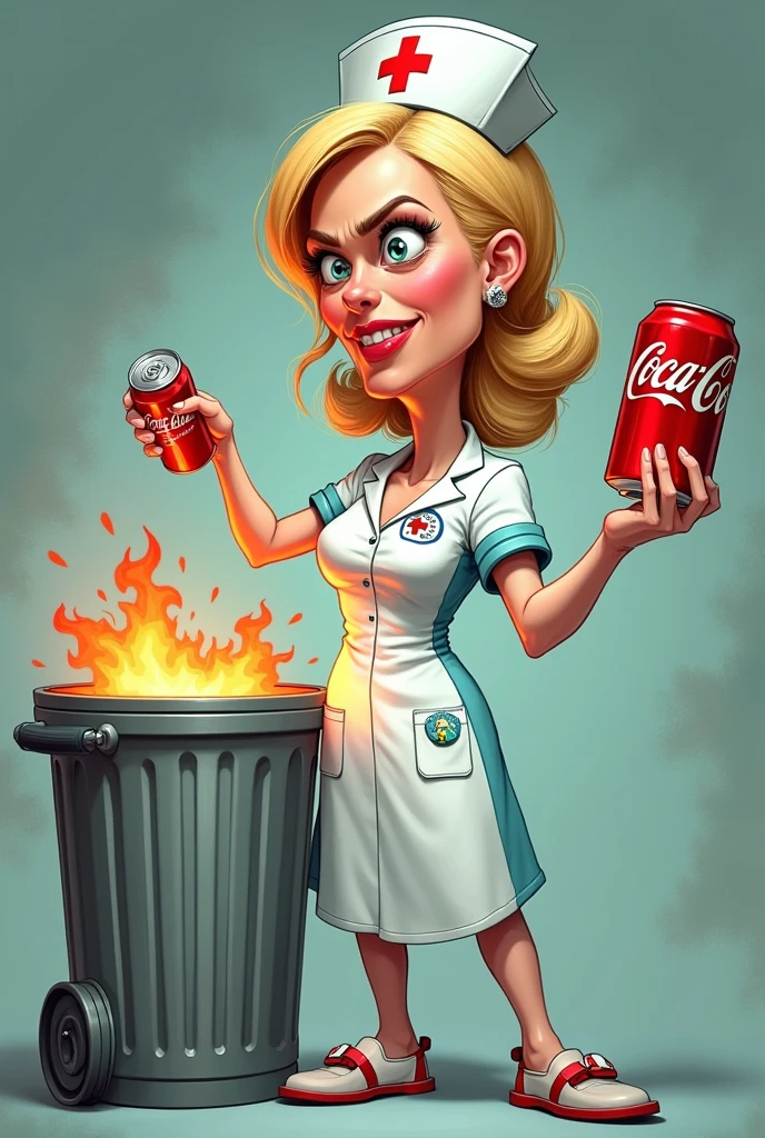 A white woman, Nurse, throwing a bottle of Coke in the trash and saying, Whoever takes it will burn in the marble of hell ( Caricature format)