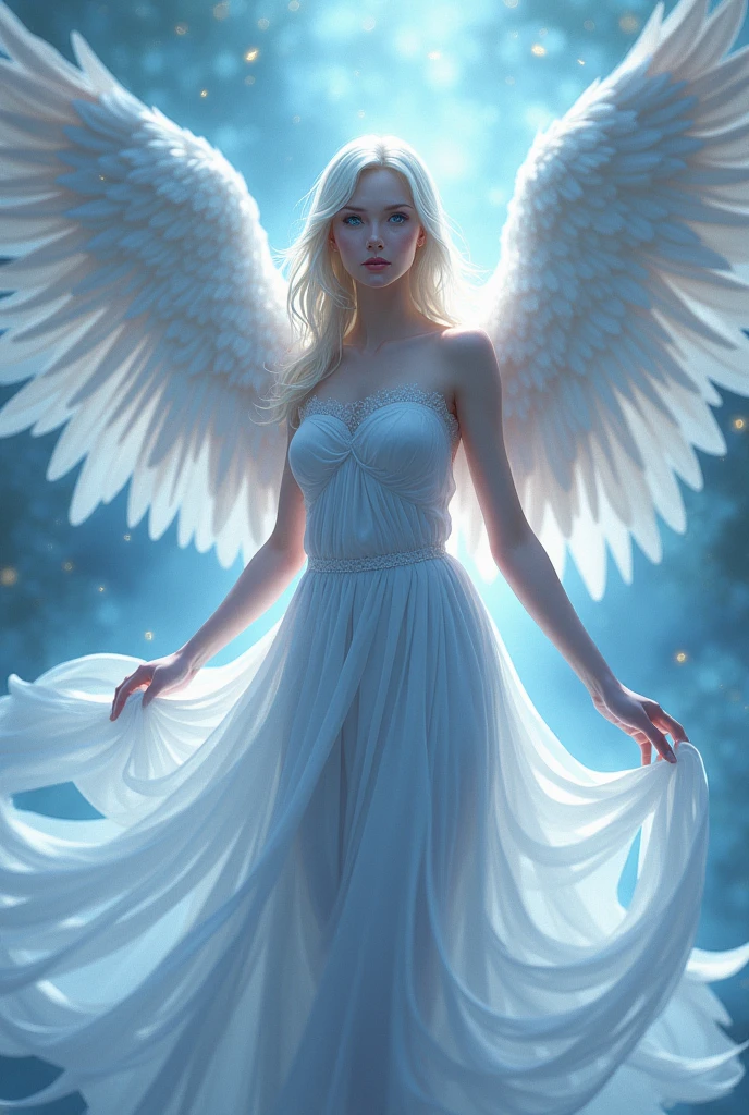 Earth Katsamonnat in a skirt, blue eyes and angel wings.