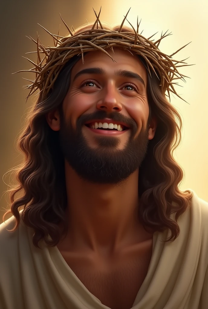 A detailed, realistic image of Jesus Christ smiling warmly while wearing a crown of thorns. Despite the crown, his expression is peaceful and full of compassion, conveying a sense of divine love and forgiveness. His eyes are gentle, and his long, wavy hair falls over his shoulders. The crown of thorns is depicted with intricate detail, but it does not detract from the kindness in his expression. The background is soft and serene, with a warm light surrounding him, emphasizing the sacred and hopeful mood of the scene.