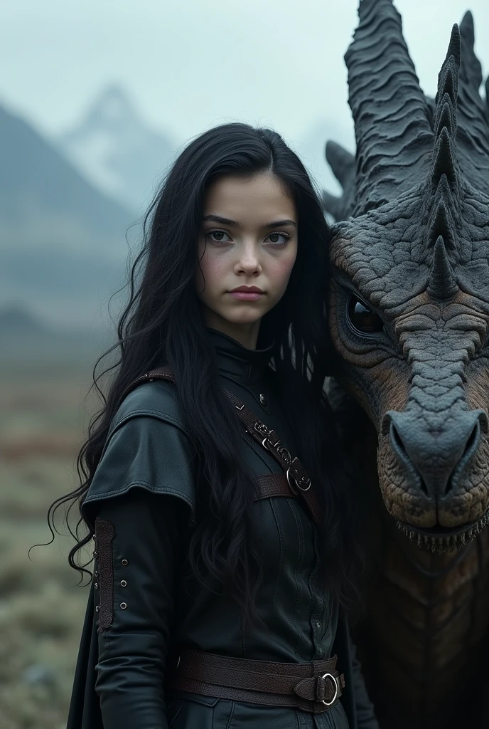 Create a real image of a girl with black eyes and black hair, with a dragon with the theme of game Of thrones