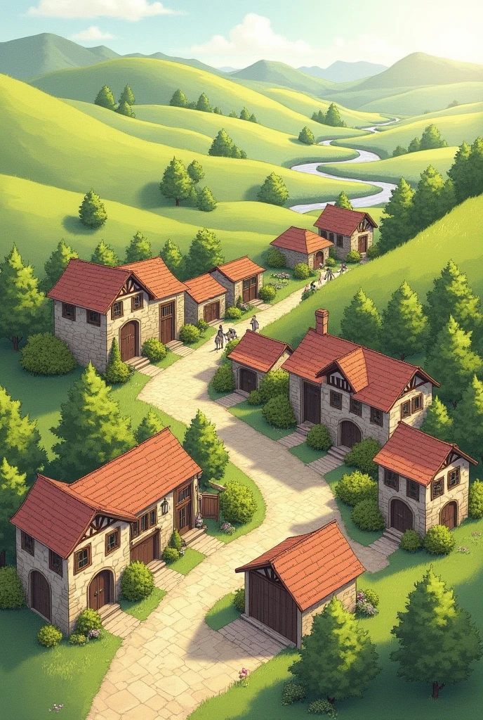 A drawing that has a natural and rural urban landscape