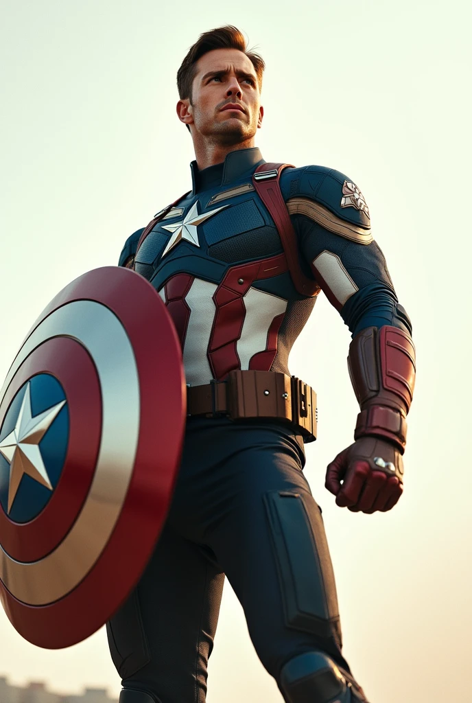 Captain america chris evens in white and gold suit light background
