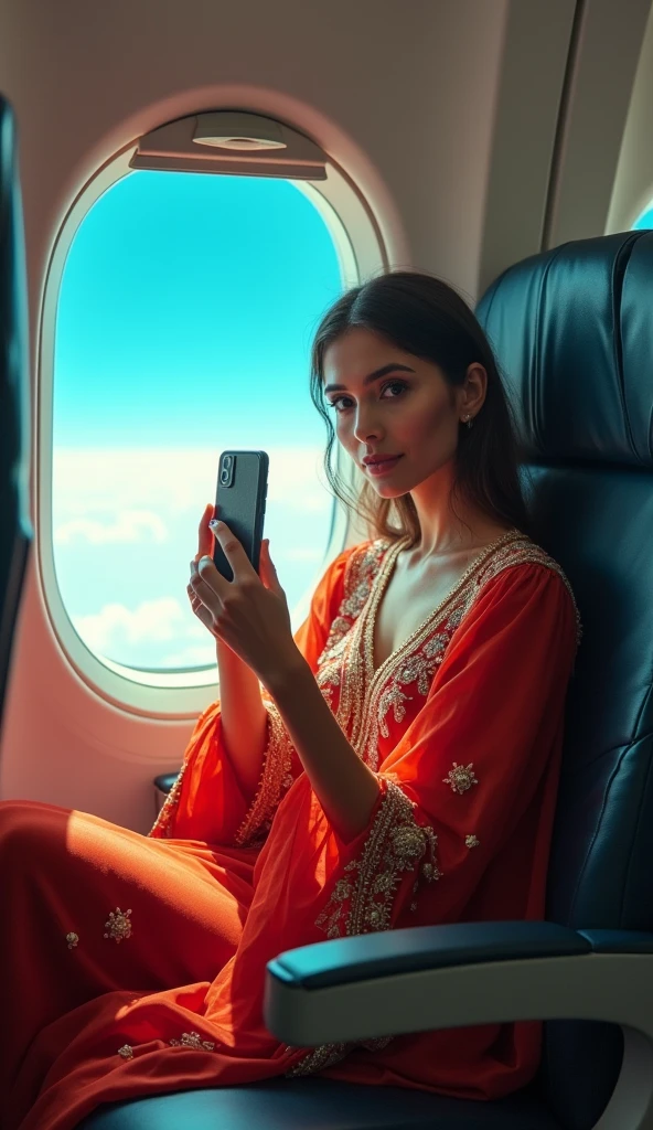 "A Stunning Cinematic Photo Of An Eastern Woman Taking A Selfie While Seated By The Window Of An Airplane. She Is Dressed In Elegant Attire And Accessorized With A Designer Vorm "Dubai" Bag. The Vibrant Colors Of Her Outfit Pop Against The Blue Sky Outside The Window. The Background Reveals Other Passengers And The Spacious Interior Of The Airplane,"