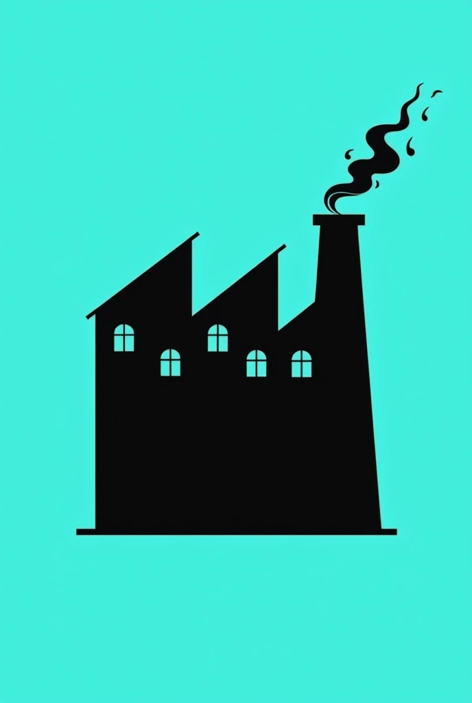 A black icon of a simple factory with 3 roofs and 3 speakers inside the factory representing the windows and the chimney should have a musical score coming out instead of smoke. The background should be solid turquoise..