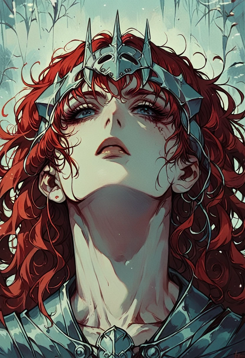 Boudicca, the legendary Nordic queen with long ((red))curly hair, skin pale as snow and muscular, wearing silver armor with bone aspects.