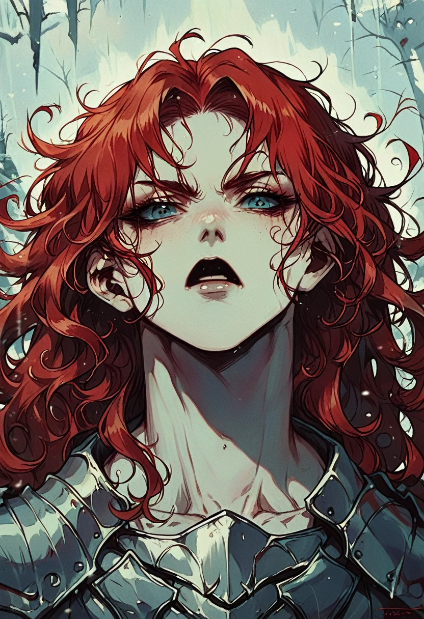 Boudicca, the legendary Nordic queen with long ((red))curly hair, skin pale as snow and muscular, wearing silver armor with bone aspects.