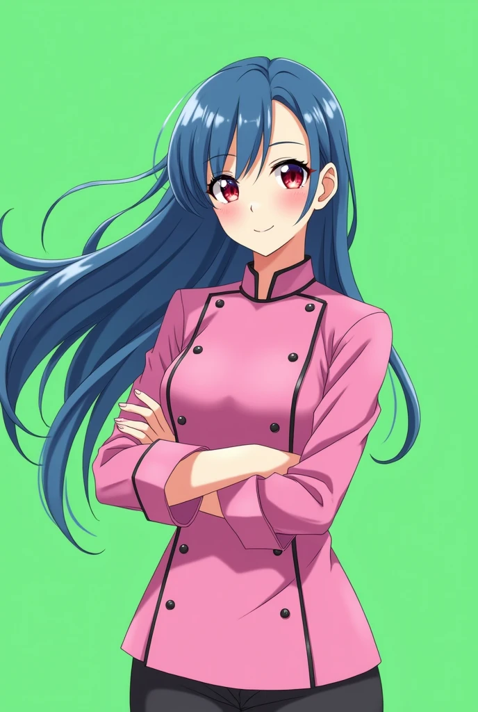 Female chef between 18 and 20 years old, with pink long-sleeved uniform, 2D anime style, blue hair color, Red eyes ,with a happy and sensual expression, on a completely green and flat background