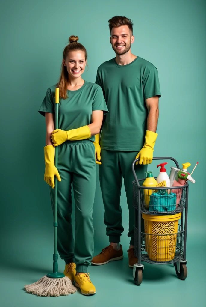 [studio photo of a 30-year-old woman with straight hair tied in a scarf, wearing green or yellow rubber cleaning gloves, simple clothing like sweatpants and a plain t-shirt, holding a mop, smiling; a 4 man with a pompadour hairstyle, also wearing green or yellow rubber cleaning gloves, dressed in simple clothing like sweatpants and a plain t-shirt, pulling a cleaning cart filled with various products, smiling; neutral background in shades of green or blue] [straight angle, American shot, Canon EOS 5D Mark IV, 50mm f/1.8 lens, rim light, rule of thirds] [highlight the subjects and objects, maintain the subjects' clothing and gloves in green or yellow tones, varied colors for objects]
