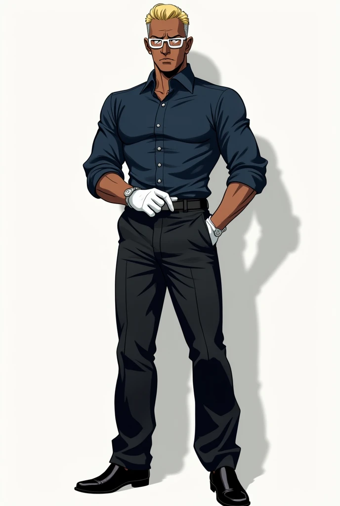 (Artwork), (8K), (Hellsing anime line style), 1 man with dark skin, strong body, blonde hair slicked back, wearing white lens reading glasses, big nose, handsome face, wearing dark blue dress shirt, wearing white gloves, black loose pants, dress shoes, hands behind back, serious look.