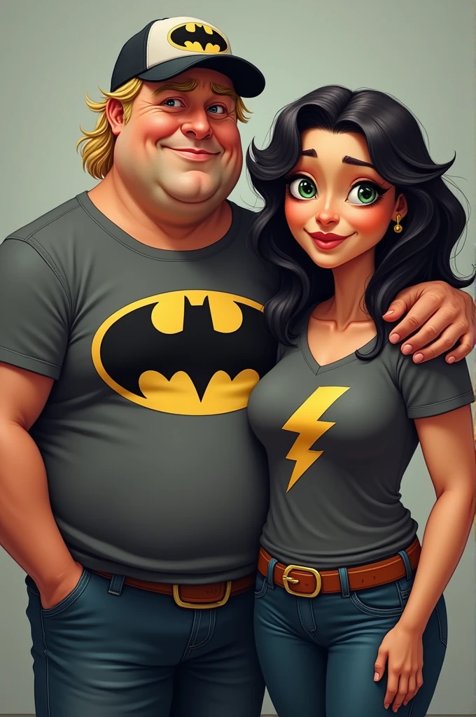 Create a couple of 40 years, The tall fat blonde man with a Batman shirt and cap next to his partner, a white tea woman, green eyes black hair, wavy fat with lightning shirt
