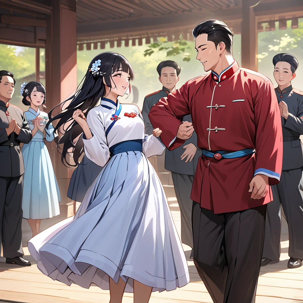((Highest quality)), ((masterpiece)), (detailed), (Perfect Face)、The woman is Reika Aoki with semi-long hair、The woman is a member of the North Korean pleasure group, and wears a charming North Korean traditional dress, dances for the general, and impresses him.