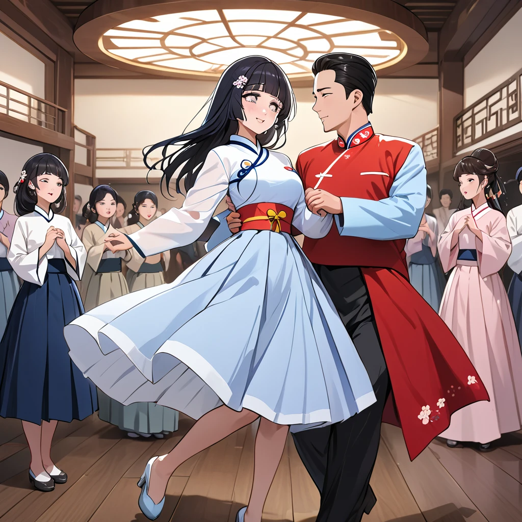 ((Highest quality)), ((masterpiece)), (detailed), （Perfect Face）、The woman is Reika Aoki with semi-long hair、The woman is a member of the North Korean pleasure group, and wears a charming North Korean traditional dress, dances for the general, and impresses him.