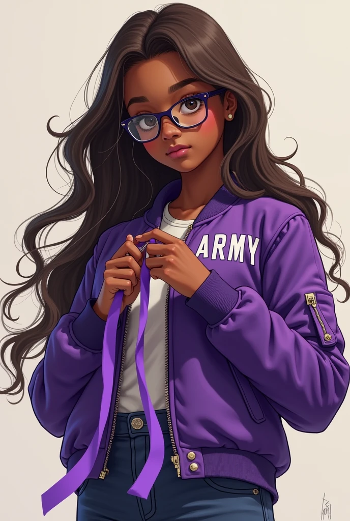 Dark skinned girl with long brown hair and glasses wearing a purple jacket that says ARMY and holding a purple ribbon
