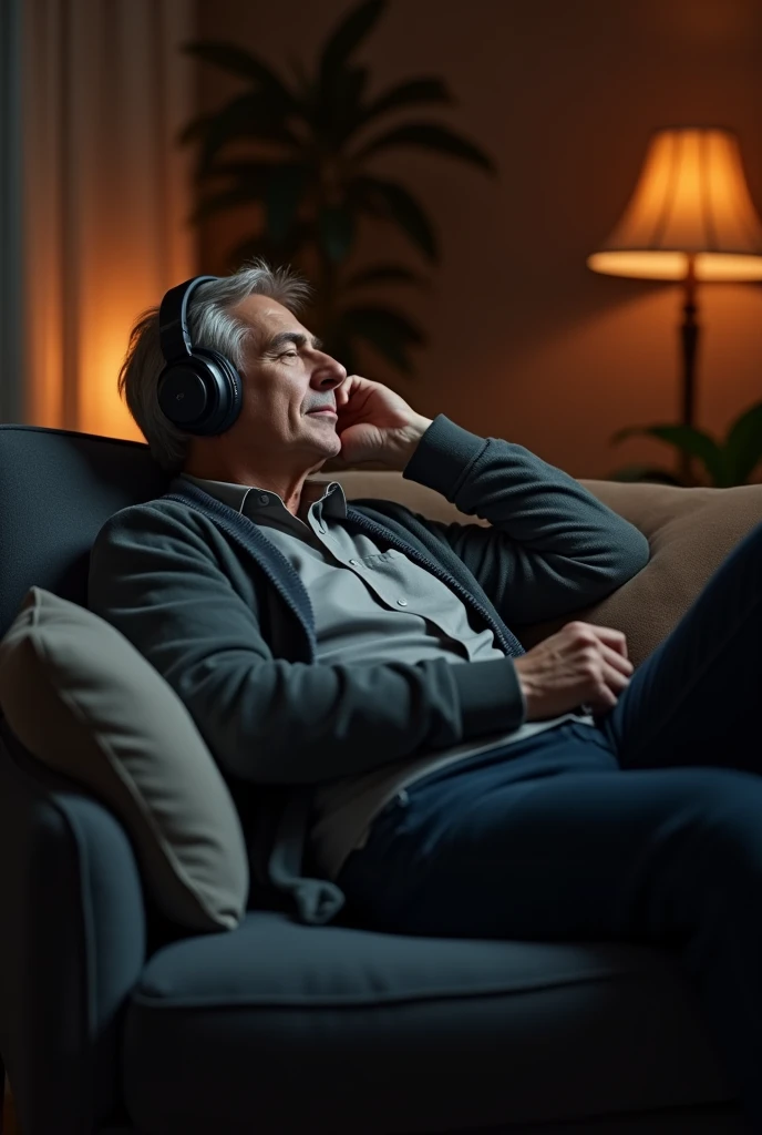 man sitting on his sofa, with headphones, in a room with dark tones