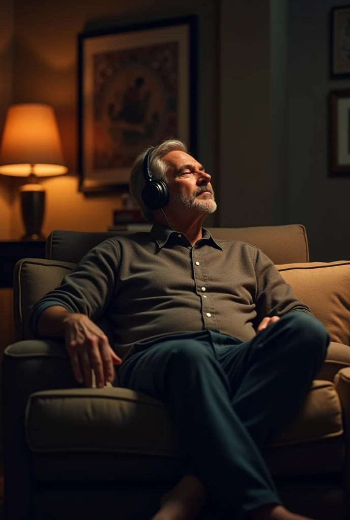 man sitting on his sofa, with headphones, in a room with dark tones