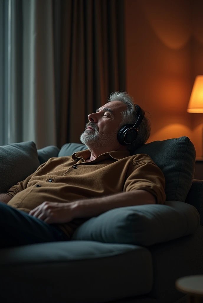 man sitting on his sofa, with headphones, in a room with dark tones