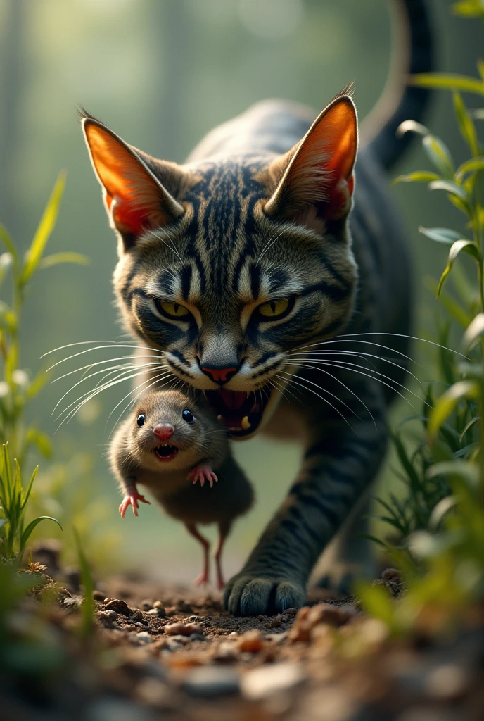 cat eating with a mouse 