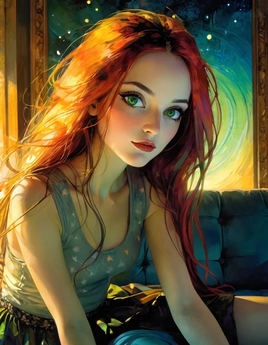 ((masterpiece)), ((best quality)), (ultra detailed), ((extremely detailed)), 4K, (8K), best quality, (beautiful), realistic style, in the room, on the bed, a pretty girl, 1 girl, alone, miniskirt, tank top, beautiful long multicolored hair, beautiful green eyes, ((beautiful eyes)), long hair, light smile, blush, lens flare, from above, selfie, night , on the sofa in a living room with a view of a magical night with stars, eroticism, sexy, (best quality, 4k, 8k, high resolution, masterpiece: 1.2), ultra-detailed, (realistic, photorealistic, photorealistic: 1.37), details intricate, vivid colors, sharp focus, professional, Dave McKean artwork, surrealism oil touch, oil painting style, portrait, woman, beautiful detailed eyes, beautiful detailed lips, dreamy atmosphere, shadow play, lighting soft, fun pose, dark tones, ethereal background, fantasy elements, texture, layered composition., long multicolored hair{ art inspired by Bill Sienkiewicz and Dave McKean.
