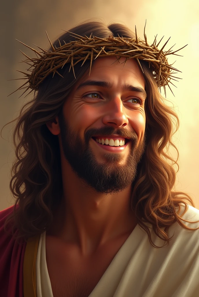 A detailed, realistic image of Jesus Christ smiling warmly while wearing a crown of thorns. Despite the crown, his expression is peaceful and full of compassion, conveying a sense of divine love and forgiveness. His eyes are gentle, and his long, wavy hair falls over his shoulders. The crown of thorns is depicted with intricate detail, but it does not detract from the kindness in his expression. The background is soft and serene, with a warm light surrounding him, emphasizing the sacred and hopeful mood of the scene.