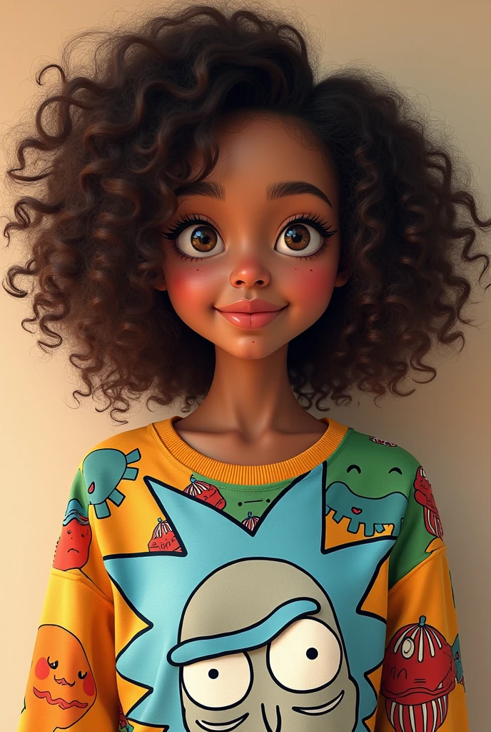 A woman with light brown skin, curly hair a mole below the left eye and two moles on the right cheek, she wears a rick and morty sweatshirt