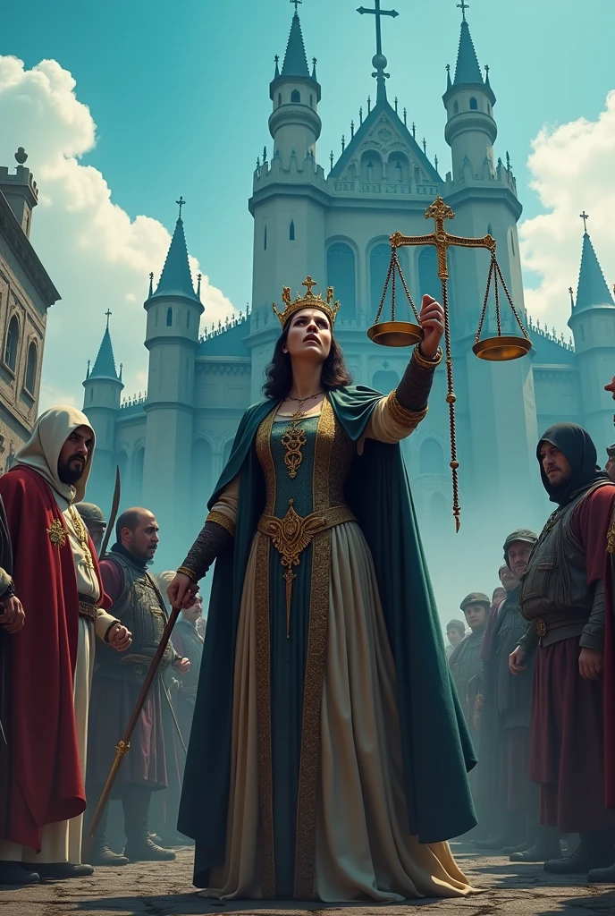 a Catholic rosary in the hands of an angry queen dressed in a cape and crown. behind the queen several people looking at her in fear, in the middle of the people a man with a black hood and a scale of justice in his hands. near the queen two soldiers and a Catholic bishop in liturgical vestments and mitre. all in front of a beautiful gothic castle with a blue sky