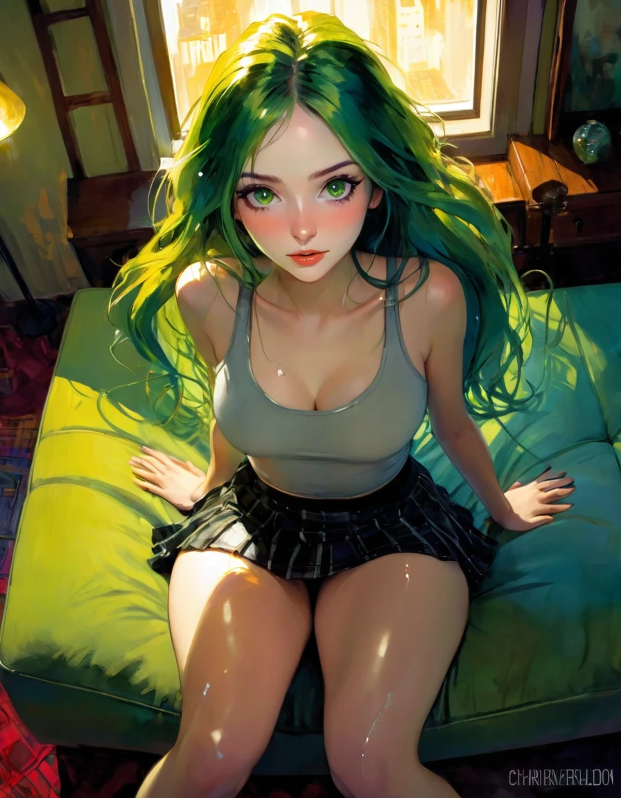 ((masterpiece)), ((best quality)), (ultra detailed), ((extremely detailed)), 4K, (8K), best quality, (beautiful), realistic style, in the room, on the bed, a pretty girl, 1 girl, alone, miniskirt, tank top, beautiful long multicolored hair, beautiful green eyes, ((beautiful eyes)), long hair, light smile, blush, lens flare, from above, selfie, night , on the sofa in a living room with a view of a magical night with stars, eroticism, sexy, black and white image, between shadows, oil painting, chiaroscuro, sensual, dramatic lighting, changing atmosphere, photorealistic, intricate details, work master, ultra detailed, high quality, 8k, best quality, realistic, cinematic, dark and brooding, expressionistic, powerful composition, emotional impact, long multicolored hair{{{,{pussy,opens her pussy,cum,cum in pussy, masterbation,straddling,and}}},cute,ultra detailed skin, sketch}}} art inspired by Bill Sienkiewicz and Dave McKean.