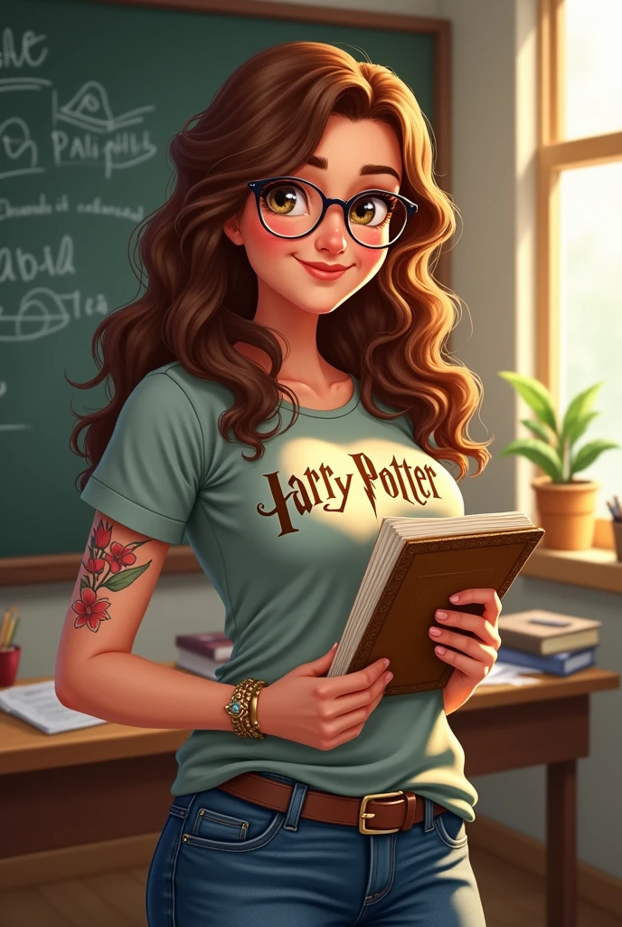 tall woman, chubby, white, chestnut wavy hair, eyes browns, with glasses, jeans and harry potter t-shirt, Female teacher, flower tattoo on forearm, notebook that is