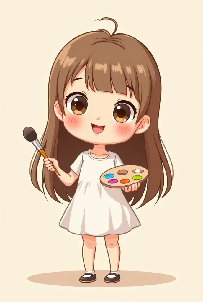 Create a cartoon mascot, child with long straight hair, and short bangs, light brown eyes and I want her to be holding a brush and a paint palette in her hands, withe dress 