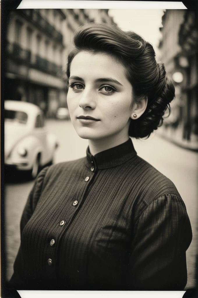 photo of (me1kaw:0.99), closeup portrait, perfect hair, hair upsweep updo, posing, (vintage photo, dress), (polaroid frame), 24mm, ((tintype)), (analog, film, film grain:1.3), ((on a Paris street, night, gritty)), ((detailed eyes)), (seductive pose), (epicPhoto)