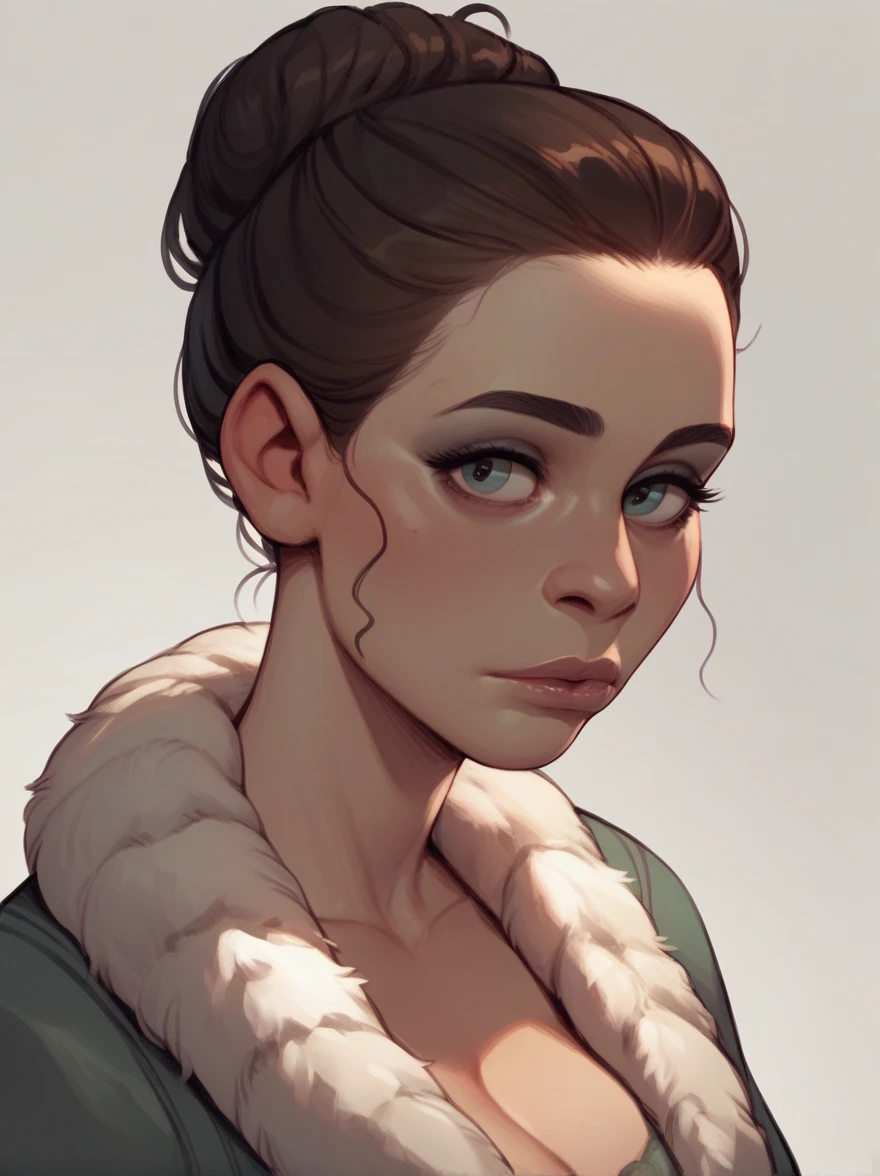 score_9, score_8_up,score_7_up, score_6_up, score_5_up, score_4_up, woman, best quality, highres, portrait, solo, beautiful, makeup, soft lips, (Arya Stark), dark hair, large cleavage, beautiful fur winter dress, (((simple background)))
