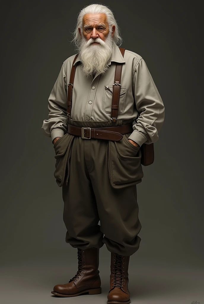 Elderly man with white hair and beard of German descent, boots and dress shirt