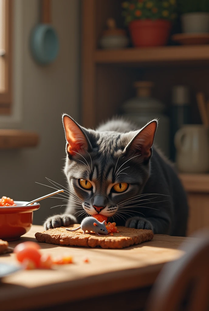 cat eating with a mouse in the kitchen