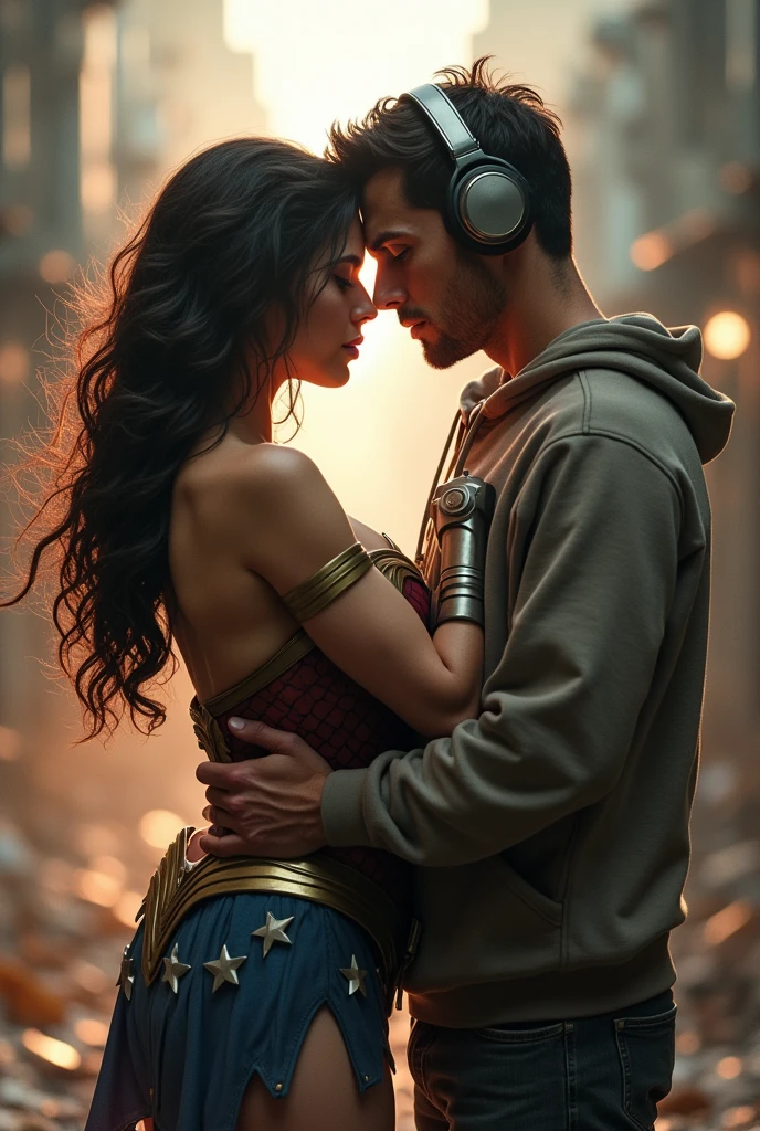 Young man with hoodie, headphones and tennis Vs. Wonder woman (Big tits), Fight, power, fiction, full body, 2 person, Romance, Kiss, Embrace